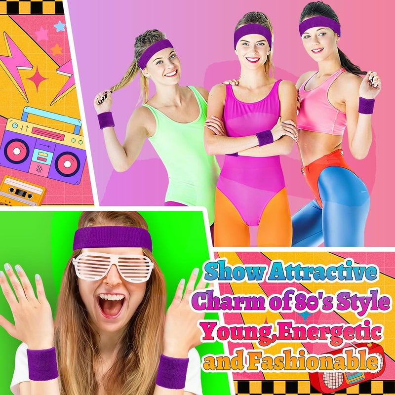 Mindow Neon Sweatbands Set, 80s Headband and Wristband Sweatbands for Women Men, Wicking Bands for Sports, Party Costume Accessories - Image 3